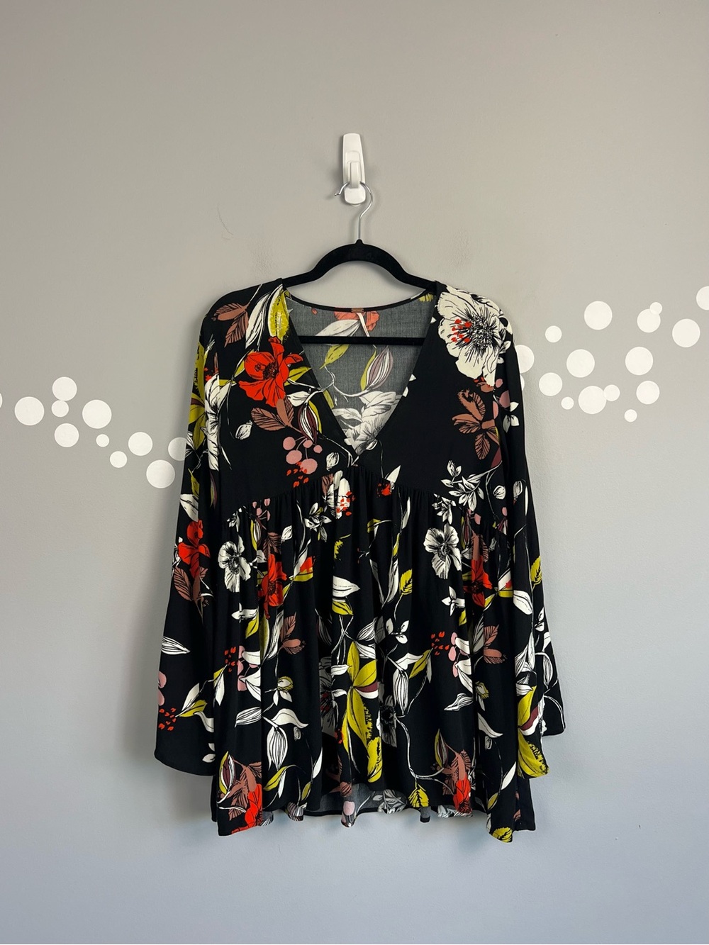 Free People Bella Print Tunic Black Floral Babydoll Top Size S Boho Flowy